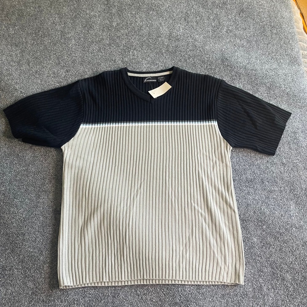 Extreme Mens Vintage 90s‎ Ribbed Colorblock Short Sleeve V-Neck Sweater Black L